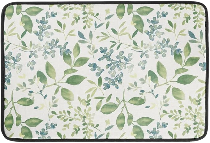 Green Leaves Branches Dish Drying Mat for Kitchen Counter 18x24 Inch Washable Microfiber Drying Mat Spring Floral Absorbent Drying Pad with Hanging Loop for Home Coffee Bar Decoration