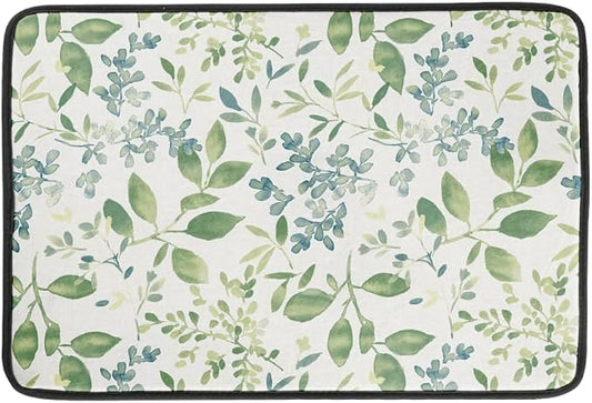 Green Leaves Branches Dish Drying Mat for Kitchen Counter 18x24 Inch Washable Microfiber Drying Mat Spring Floral Absorbent Drying Pad with Hanging Loop for Home Coffee Bar Decoration