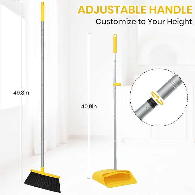 Stand Up Dustpan and Broom Set 50” Long Handle Broom with Dust Pan, with Self Cleaning Combe for Ergonomic Home Office Classroom Indoor Sweeping