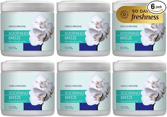 SMELLS BEGONE 15oz Gel Odor Eliminator - Absorb & Remove Tough Odors in Pet Areas, Bathrooms, Basements, Garage, Cars, RVs & Boats - Eliminate Odors Quickly (6-Pack, Soothing Breeze)