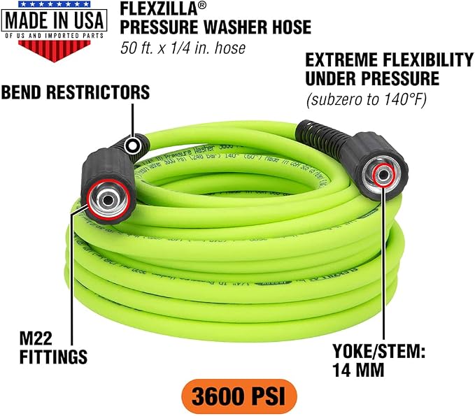 Flexzilla Pressure Washer Replacement Hose, 1/4 in. x 50 ft., 3600 PSI, M22 Fittings, No-Kink, Lightweight, ZillaGreen
