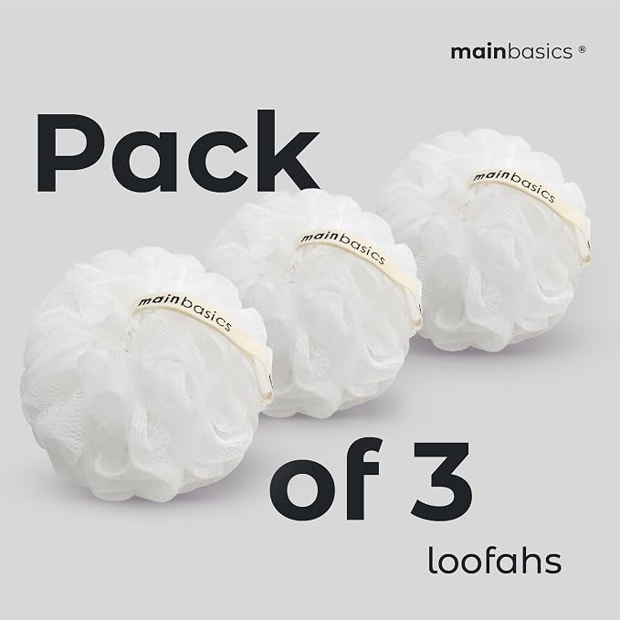 MainBasics Shower Loofah Sponge Pouf, Set of 3, Snow White | Soft Mesh Body Scrubber and Bath Sponge for Gentle Exfoliation, Rich Lather, and Everyday Shower Use