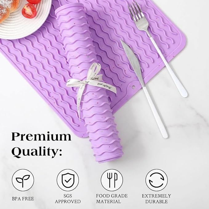 CAKETIME 2 Pack Multicolor Silicone Dish Drying Mat for Kitchen Counter Waterproof Place mats Sink Protector Stove Top Organizer Appliance Vanity Trays Dryer Rack Drainers Items 15"x11.5" Purple