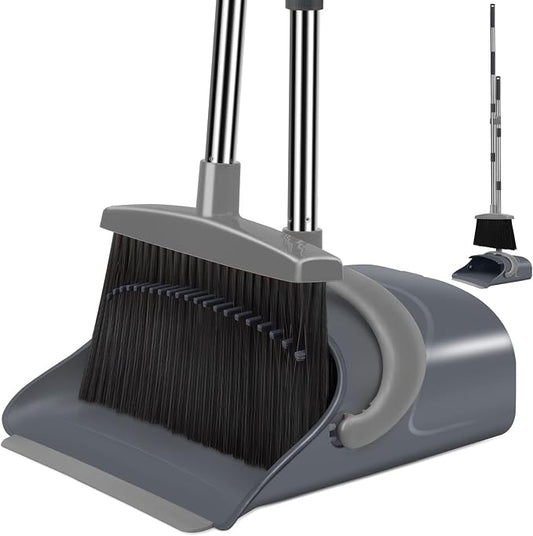 Ivandar Broom and Dustpan Set, Dust pan with Long Handle, Broom with Dustpan Combo Set, Broom and Dustpan for Home, Indoor or Outdoor Cleaning Tool (Deep Gray&Light Gray)