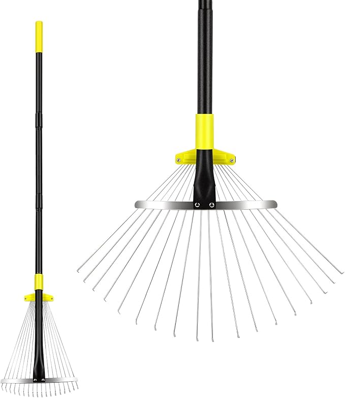 Byhargen Adjustable Metal Leaf Rake, Heavy Duty Garden Rake with Wide & Narrow Modes, Rustproof Steel Head, Adjustable Handle for Lawn Care, Yard Clean Up, and Mulch Spreading