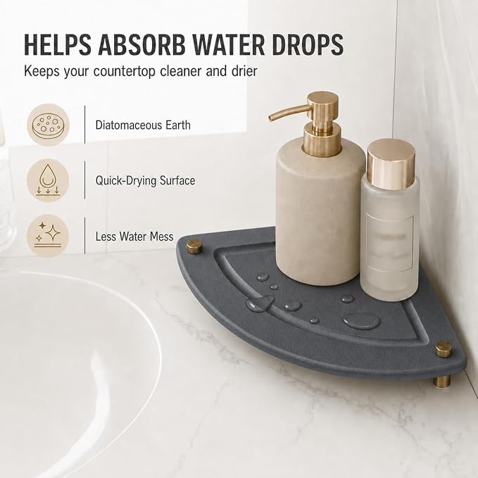 Corner Counter Shelf, Water Absorbing Stone Drying Tray Mat for Kitchen & Bathroom Sink, Diatomaceous Gold Faucet Coaster Soap Dish Rack Riser Dispenser Sponge Holder, Dark Gray, 8.5" x 8.5"