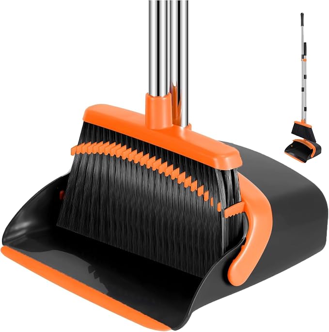 NACENA Broom and Dustpan Set with 52-in Long Adjustable Handle,Black Orange | Broom Dustpan Combo with Dustpan Teeth to Automatically Clean Hair Suitable for Home Kitchen Office Hall Floor