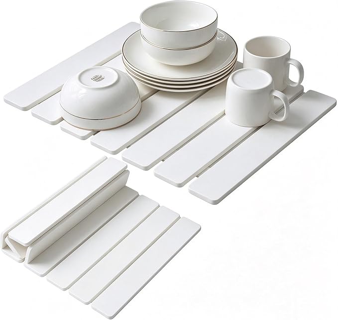 Large Stone Dish Drying Mats for Kitchen Counter 16"(L)×12"(W) Foldable Quick Dry Stone Dish Drying Mats Kitchen Absorbent Diatomaceous Earth Drying Stone Mat for Dishes Bottles Cups White