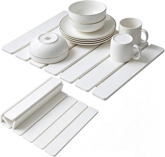 Large Stone Dish Drying Mats for Kitchen Counter 16"(L)×12"(W) Foldable Quick Dry Stone Dish Drying Mats Kitchen Absorbent Diatomaceous Earth Drying Stone Mat for Dishes Bottles Cups White
