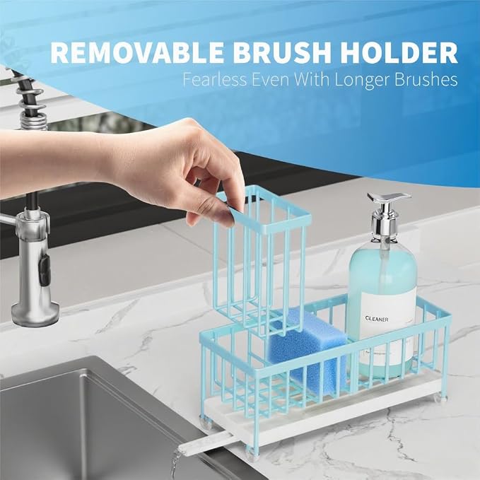 Cisily Sponge Holder for Kitchen Sink, Sink Caddy Organizer with High Brush Holder, Kitchen Countertop Organizers and Storage Essentials, Rustproof 304 Stainless Steel (Blue, 9.25″)