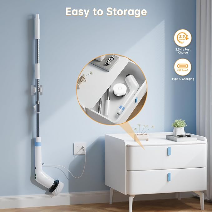 PUFTEM Electric Spin Scrubber, Cordless Shower Scrubber with 8 Scrub Brush, 2 Speed with Adjustable Extension Handle, Battery Level Display, Power Scrubber for Bathroom Bathtub Tile Floor, White
