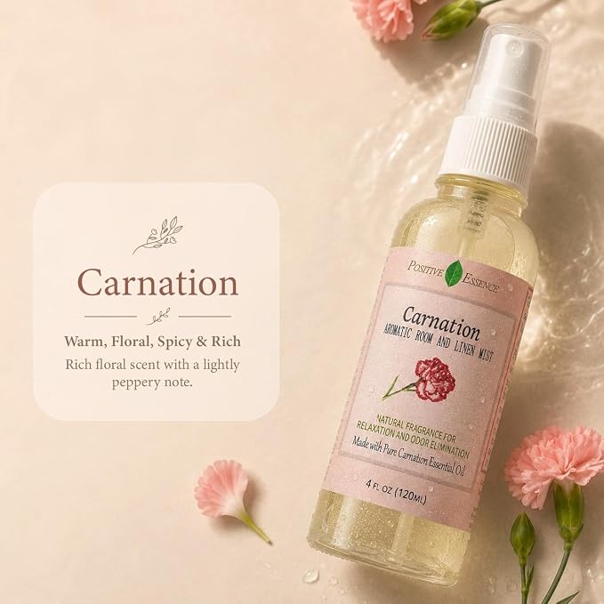 Carnation Pillow & Room Spray with Essential Oils, Home Fragrance, 4 fl oz | Carnation Aroma, Essential Oil Blend, Pillow and Room Spray, Linen Freshener, Bathroom Mist, Home Fragrance, 120 mL