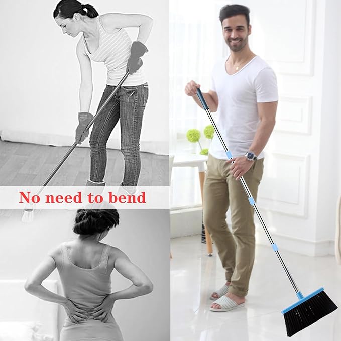 Broom and Dustpan Set 52-in Long Adjustable Handle Broom Dustpan Combo | Upright Dustpan with Teeth to Automatically Clean Hair, Suitable for Home Kitchen Office Hall Floor Garden Lobby (Blue)