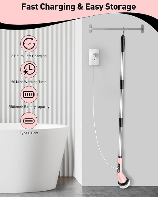 Shower Scrubber with Long Handle, Shower Cleaner Brush with 8 Floor Machine Pads, Cordless Electric Spin Scrubber for Cleaning with 2 Speed, Cleaning Supplies for Bathroom Bathtub Kitchen Floor Toilet