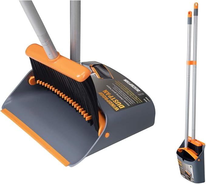 Long Handled Dustpan and Brush, Broom and Dustpan Set, Household Dust pan Combo with 54 Inch Handle for Indoor Outdoor Household Cleaning and Sweeping (Orange)