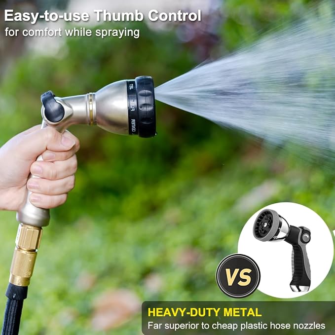 FANHAO Metal Thumb Control Garden Hose Nozzle Heavy Duty, 8 Spray Patterns | Rustproof Zinc Alloy Water Hose Sprayer High Pressure, Non-Slip Ergonomic Grip for Lawn & Plant Watering, Car & Pet Washing