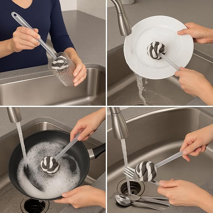 Glass Sponge Dish Brush with Handle – 11.5" Puff Head Kitchen Cleaning Brush for Glasses, Bottles, Dishes & Vases – Soft Layered Sponge with Ergonomic Clear Handle