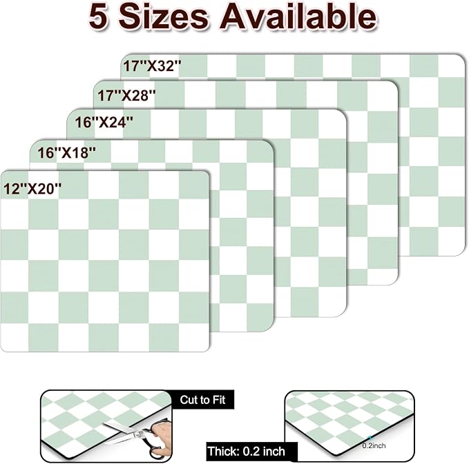 Dish Drying Mat for Kitchen Counter, 12" x 20" Checkered Coffee Bar Mat for Espresso Machine, Absorbent Stain-Resistant Countertop Protector, Non-Slip Back Drying Pad for Coffee Maker, Green & White