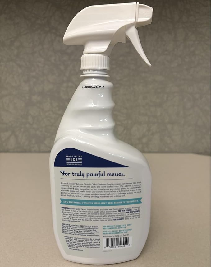 Rocco & Roxie Extreme Stain & Odor Eliminator for Strong Odor, Pet Urine Enzyme Cleaner Destroyer, Stain Remover, Dog Poop and Cat Pee, Enzymatic Carpet Cleaner Spray for Home, Puppy Potty Training
