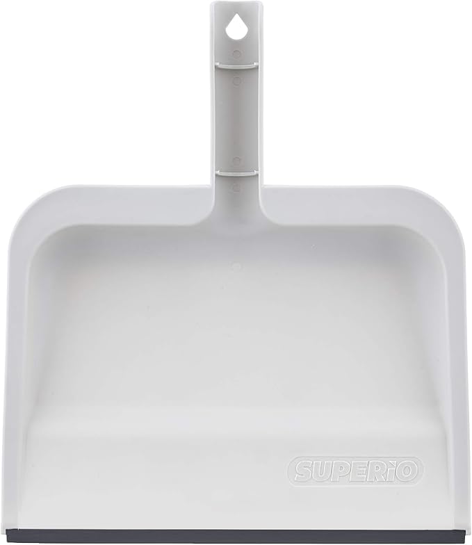 Superio Clip-On Dustpan with Rubber Lip - 10-inch Wide Durable Plastic Dust Pan with Comfort Grip Handle, White, 1-Pack