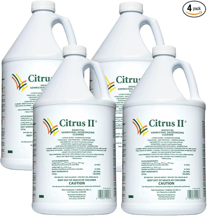 Citrus II Hospital Germicidal Deodorizing Cleaner - Fresh Citrus Scent - 1 Gallon - Refill - Disinfecting Cleaner - Pack of 4