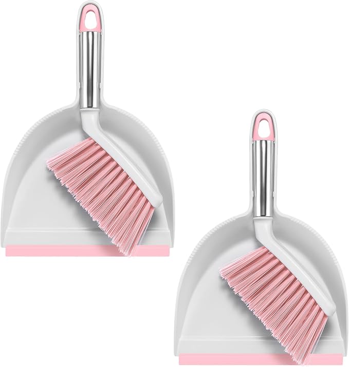 NACENA Mini Broom and Dustpan Set 2 Packs, Small Dust Pan and Brush Set with Handle Dustpan Teeth for Cleaning Hair Suitable for Office Desks Drawers Sofas Outdoor Camping, Pink