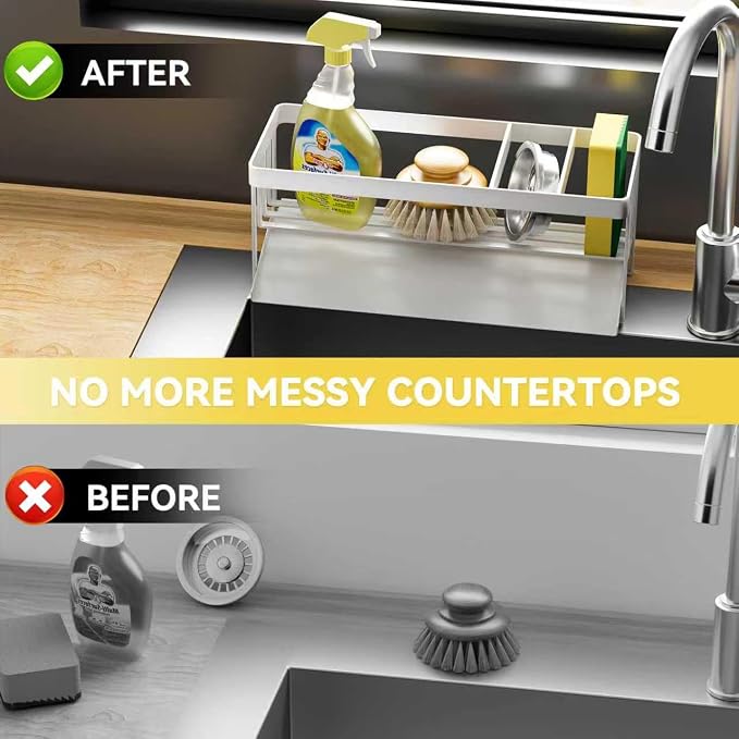 Kitchen Sink Caddy Organzier with Sponge Holder and Removable Drip Tray for Kitchen Sink, 304 Stainless Steel Organize for Sponge Soap Dish Brush Storage Accessories(White)