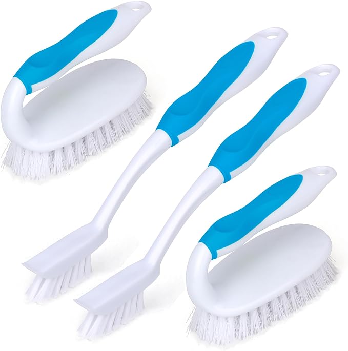 Scrub Brush Set, 4 Pack Deep Cleaning Brush Kit, Blue | 2 Scrub Brush, 2 Tile & Grout Brush with Built-in Scraper, Household Commercial Scrubber for Floor, Shower, Pool Wall, Tub