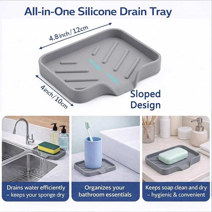 Large Silicone Dish Drying Mat – 23"x17" Sloped Sink Draining Tray with Sponge Holder for Kitchen Counter, Angled Surface for Water Drainage, Silicone Rack Mat with Drain Lip(Gray)