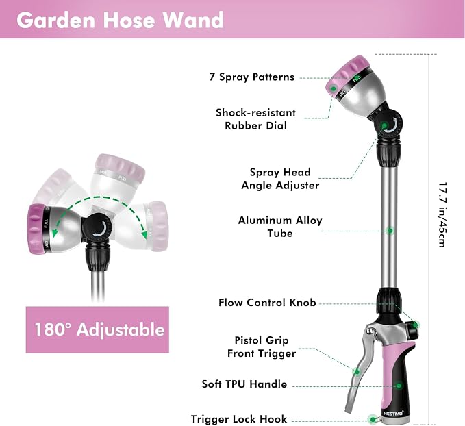 RESTMO Heavy Duty Metal Hose Wand, Watering Wand for Garden Hose | 180° Swivel Ratcheting Head, 16'' Hose Sprayer, 7 Spray Patterns, Flow Control, Ideal for Hanging Baskets & Shrubs, Pink
