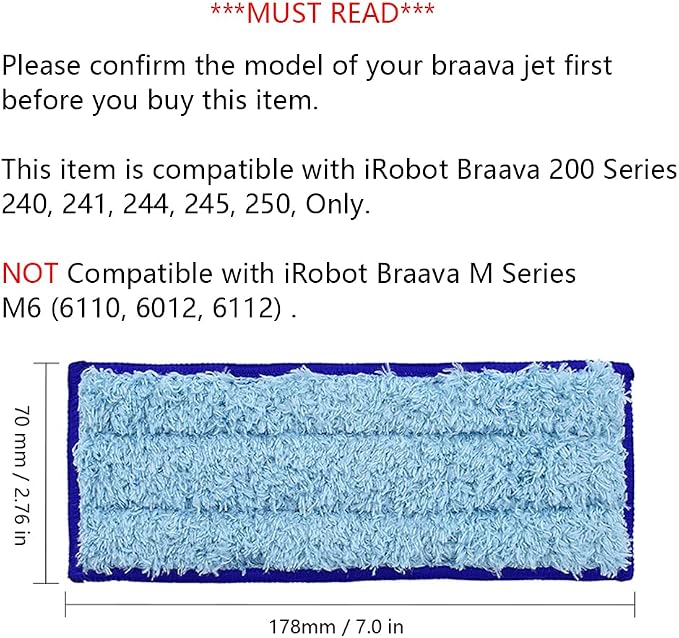 Mop Pads for iRobot Braava Jet 240 241 244 245 250, 6-Pack | Microfiber Mopping Cloth, Washable & Reusable Robot Vacuum Replacement Parts Accessories