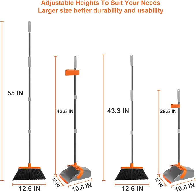 Broom and Dustpan Combo Set, 55" Long Handle Broom Orange | Large Area Outdoor Cleaning, Extended Reach Design, Built-in Comb Dustpan, Foldable Storage for Garage, Patio & Home