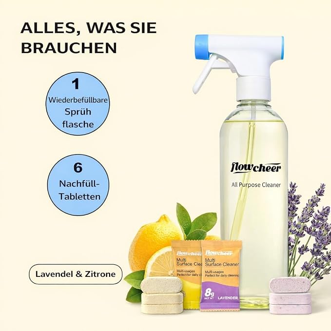 flowcheer Multi-Purpose Cleaner Starter Kit-Lavender and Lemon Scent all purpose cleaner concentrate,cleaning tablets (6 Refill tablets) with Reusable Spray Bottle Multi-Surface Cleaner, 6x17fl oz