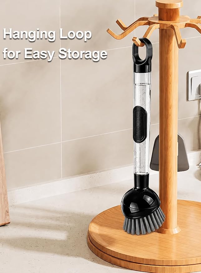 Soap Dispensing Dish Brush with Handle, 360° Rotating Head, 5-Piece Kitchen Cleaning Set (2 Brush Heads & 3 Sponges), Non-Scratch Scrubber for Pot, Pan, Sink, Leak-Proof Dishwand, Black