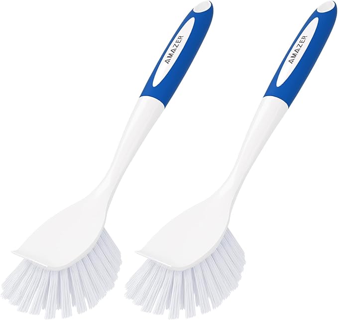 Amazer Dish Brush with Handle, 2 Pack Kitchen Scrub Brushes with Built-in Scraper for Cleaning, Dish Scrubber with Stiff Bristles for Sink, Pots, Pans (Blue+Blue)