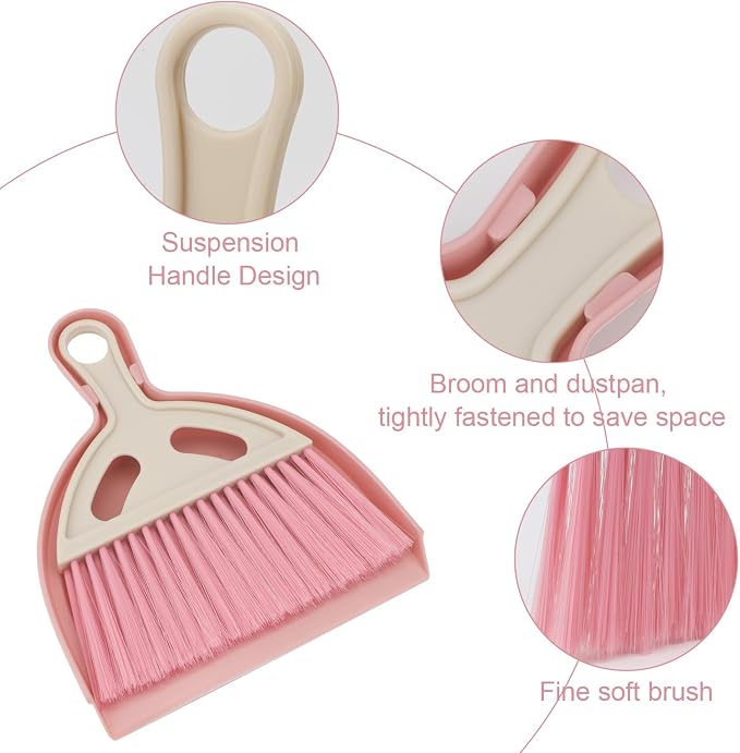 Mini Dustpan and Brush Set Portable Small Broom with Dust Pan Handheld Hangable Whisk Broom and Dust pan for Home, Kitchen, Table, Office, Car 3Pcs (Blue-Green-Pink)