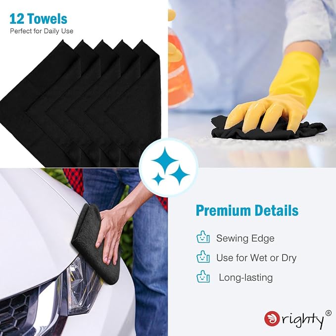 Orighty Microfiber Cleaning Cloth, Cleaning Rags, 12 Pack, 12x11 in, Black | Microfiber Towels for Cars, Soft Highly Absorbent Rag, Lint Free Cloths for Car Care, House, Kitchen