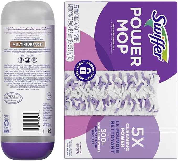 Swiffer Power Mop Refill Pack, Floor Cleaner for Mopping Tile, Vinyl, Laminate, Wood in Home, Bathroom, Kitchen, All Purpose Multi-Surface Cleaning, 5 Pads + 1 Lavender Solution