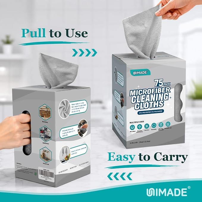 UNIMADE Microfiber Cleaning Cloth, 75 Sheets Microfiber Towels for Cars Commercial Grade Washcloths Lint-Free Bulk Shop Towel Cleaning Rags for Household Restaurant Garage Housekeeping, 11"x 9", Grey