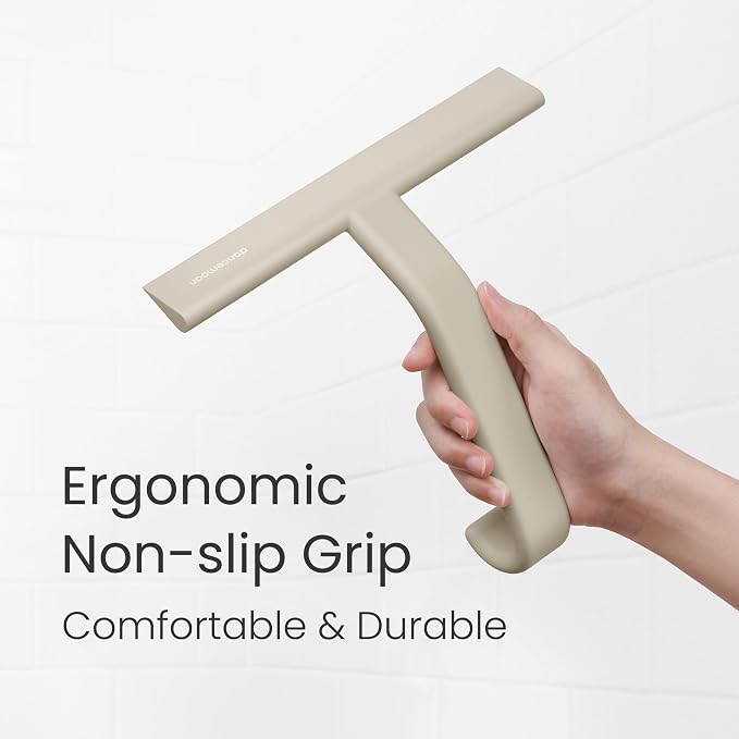 dancemoon JustHang Shower Squeegee with Built-in Hook, 10-Inch Light Taupe | Award-Winning Design, All-One-Piece Soft-Touch Silicone, for Glass Door, Bathroom, Window, Mirror, Tile Wall, Car