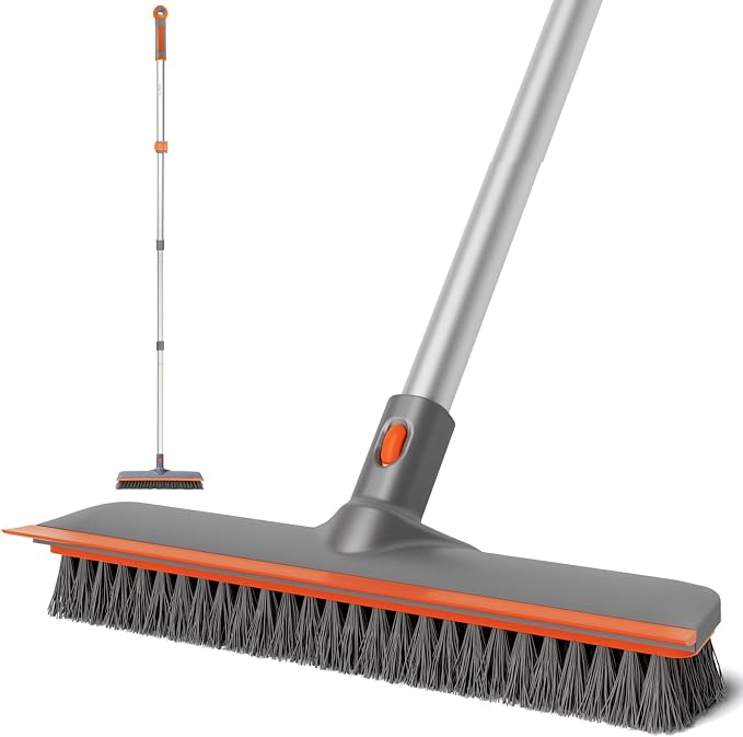 Eazer 2-in-1 Floor Scrub Brush with Long Handle, Soft/Hard Bristle Concrete Deck Brush with Squeegee, Garage Floor Cleaner for Tile/Concrete, Indoor/Outdoor Kitchen Bathroom Pool Deck -12" W/60 H