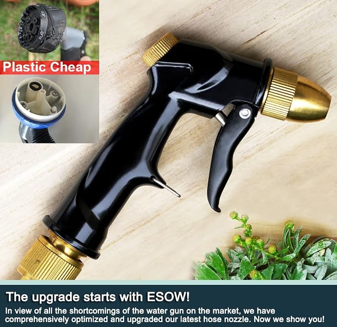 ESOW Garden Hose Nozzle, Heavy Duty Metal with Brass Nozzle, 4 Modes | High pressure pistol grip sprayer for garden, car wash, pet shower. Leak-proof, rustproof metal build. Adjustable water flow