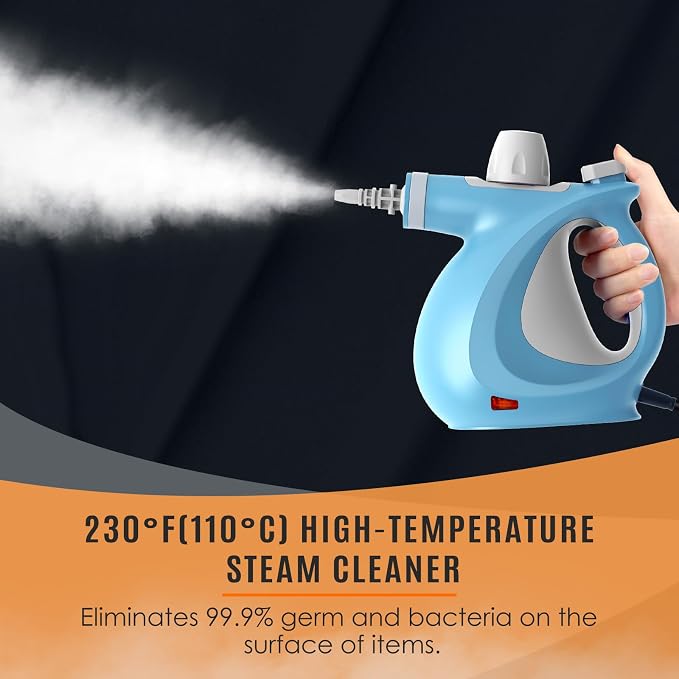 Phueut Pressurized Handheld Multi-Surface Natural Steam Cleaner with 12 pcs Accessories, Multi-Purpose Steamer for Home Use, Steamer for Cleaning Floor, Upholstery, Grout and Car (Blue)