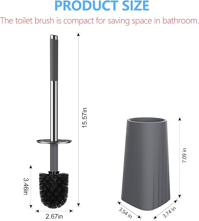 SetSail Toilet Brush, Compact Size Toilet Bowl Brush and Holder Toilet Brushes for Bathroom with Stainless Steel Handle Toilet Cleaner Brush with Durable Scrubbing Bristles, 3 Packs，Grey