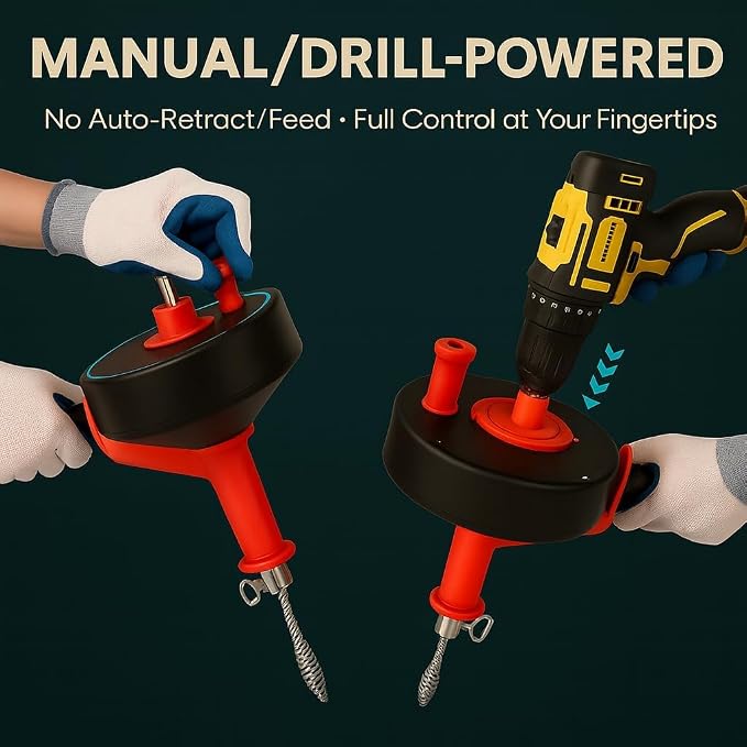 42 FT Drain Snake Hair Drain Clog Remover, Manual Or Powered, Plumbing Snake With Drill Adapte,Unclog Sink Drain Tool, Drain Auger for Toilet、Shower、Kitchen、Sink, No Auto Retract Or Feed, Red
