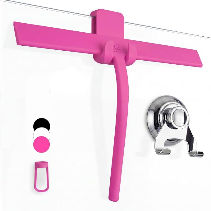 GÜTEWERK Silicone Shower Squeegee for Glass Doors & Mirrors with Stainless Steel Core, Streak-Free & No-Squeak Window Cleaning, 3-in-1 No-Drill Mount (Hook/Suction/Adhesive),Pink, 15 Inches