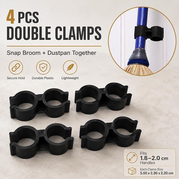 Garneck 4pcs Double Pipe Broom Clips: Plastic Connection Buckles Fits 1 8-2cm Diameter Dustpan Broom Wall Holder Clamp for Storage Cleaning Tool, Easy Installation
