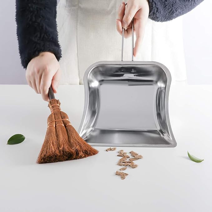 Small Metal Dustpan&Brush Set for Fireplace Garage Workshop Tabletop | Heavy Duty Vintage Dust Pan Natural Handmade Broom Dust Shovel