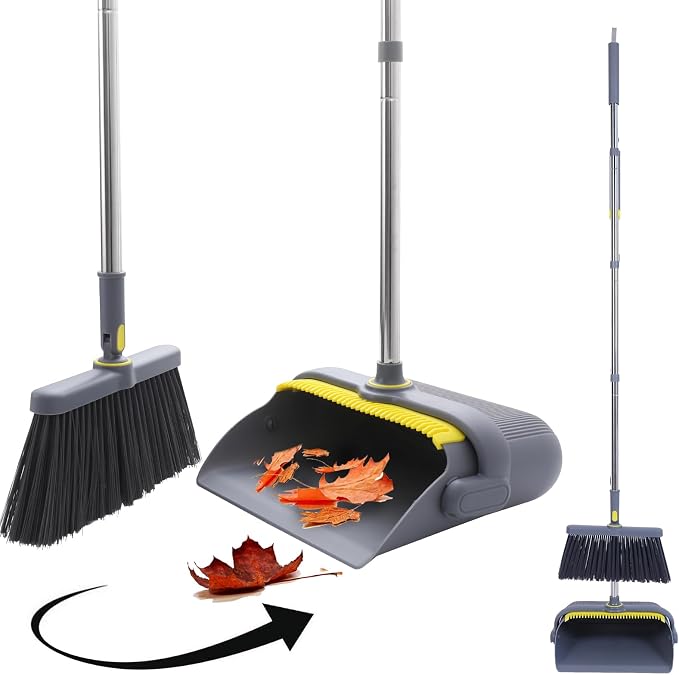 Heavy Duty Broom and Standing Dustpan Combo Set, Rotatable Head Dust Pan and Brush Set with Collapsible Handle, Cleaning Teeth, Hanging Loop, Ideal for Pets, RV, Kitchen, Camping, Outdoor Floor, Gray
