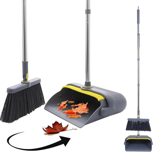 Heavy Duty Broom and Standing Dustpan Combo Set, Rotatable Head Dust Pan and Brush Set with Collapsible Handle, Cleaning Teeth, Hanging Loop, Ideal for Pets, RV, Kitchen, Camping, Outdoor Floor, Gray